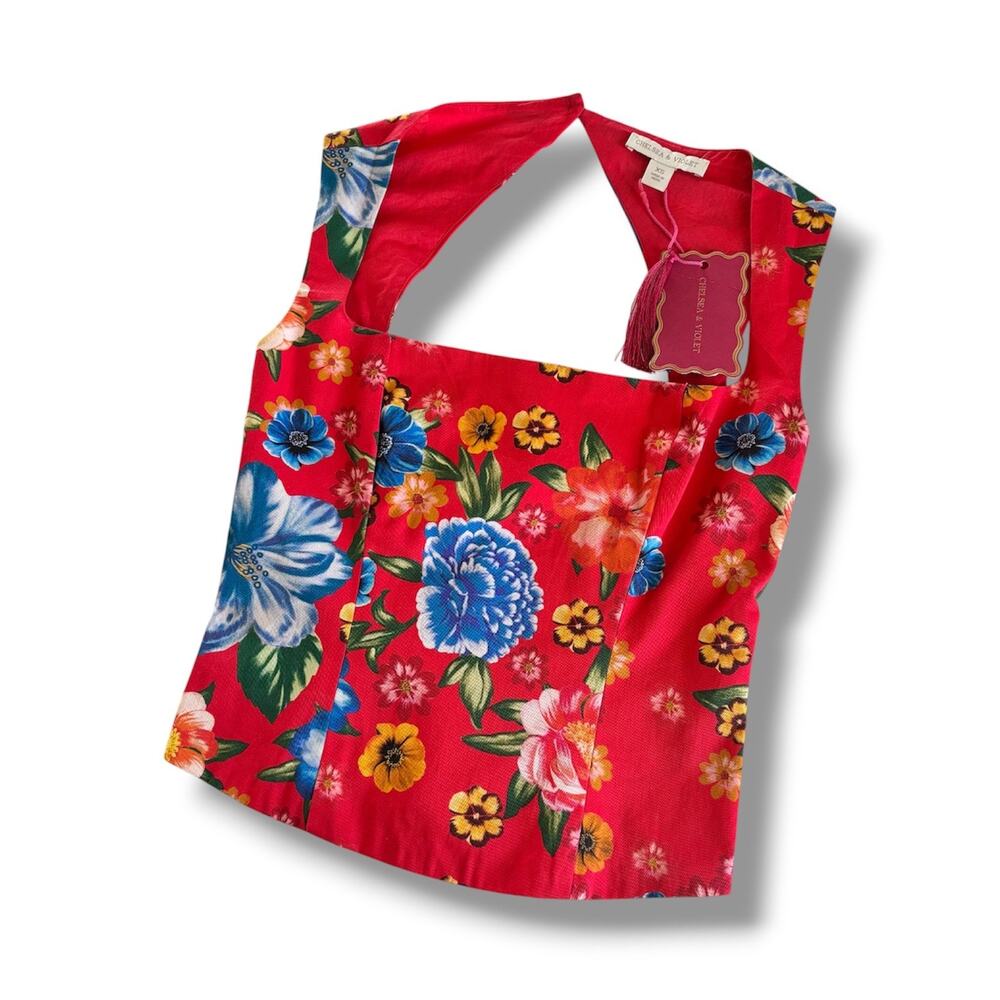 Chelsea & Violet Red Square Neckline Floral Print Sleeveless Blouse Women’s XS